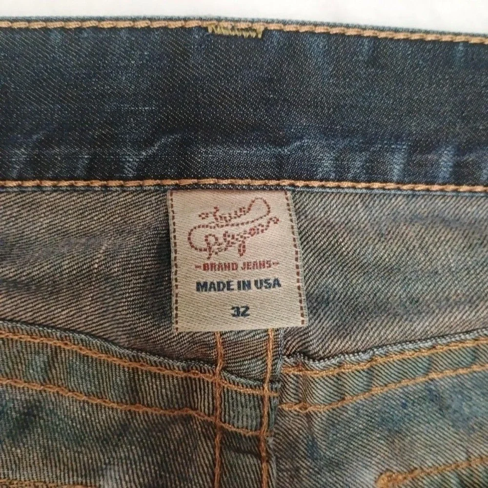 True Religion Jeans Mens 34x30 Blue Straight Medium Wash Distressed Logo USA